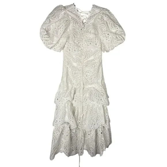 Farm Rio 100% Cotton Eyelet Midi Dress Puff Sleeve Tiered Cottage Farm Summer S - Picture 5 of 12